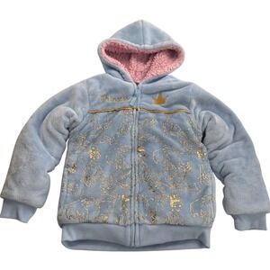 Disney Princess Girls Blue Fleece Hoodie Jacket Size 7 Gold Accents Pink Sherpa